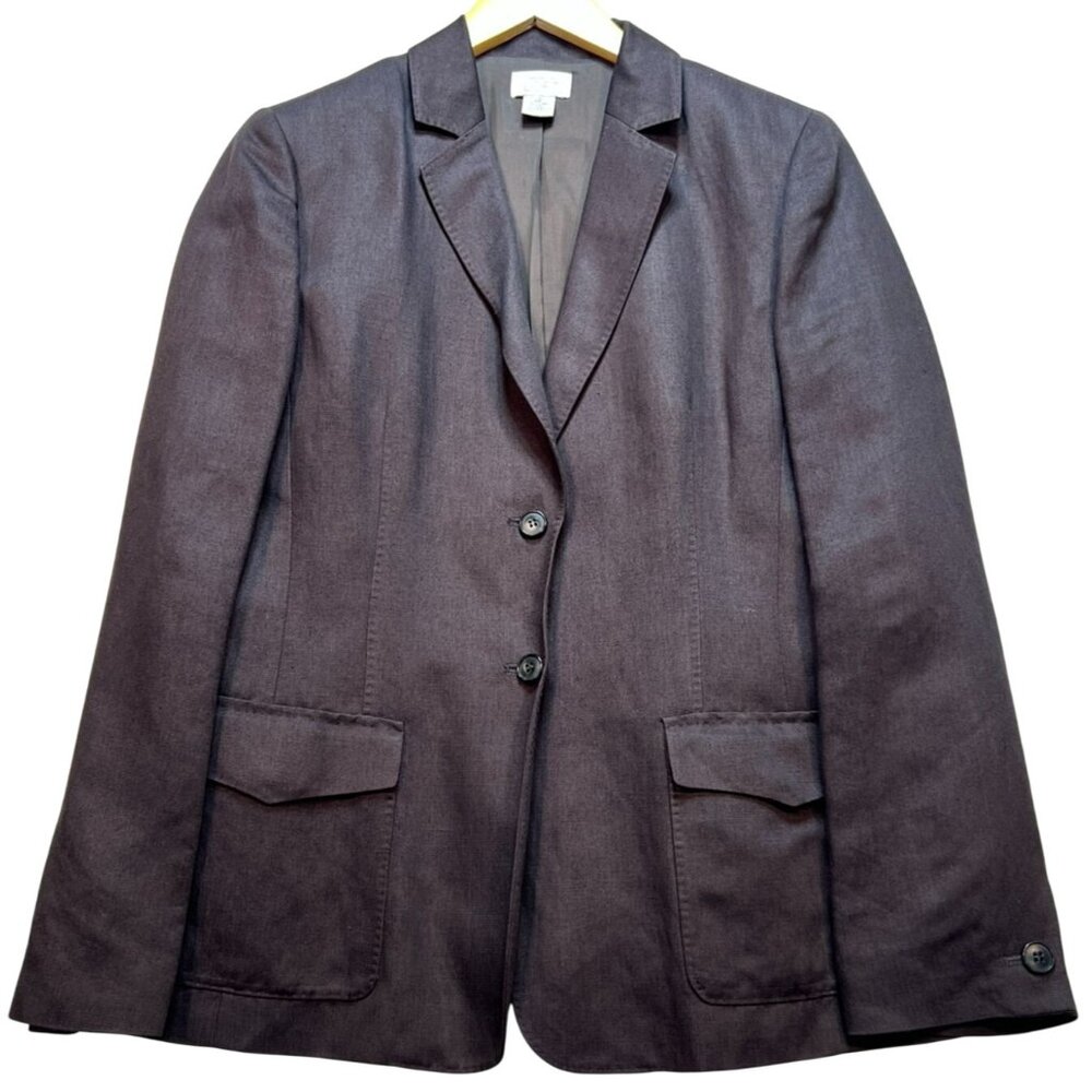 Ann Taylor Loft Womens Linen 2 Button Blazer Jacket Long Sleeve Sz 12 Dark Brown